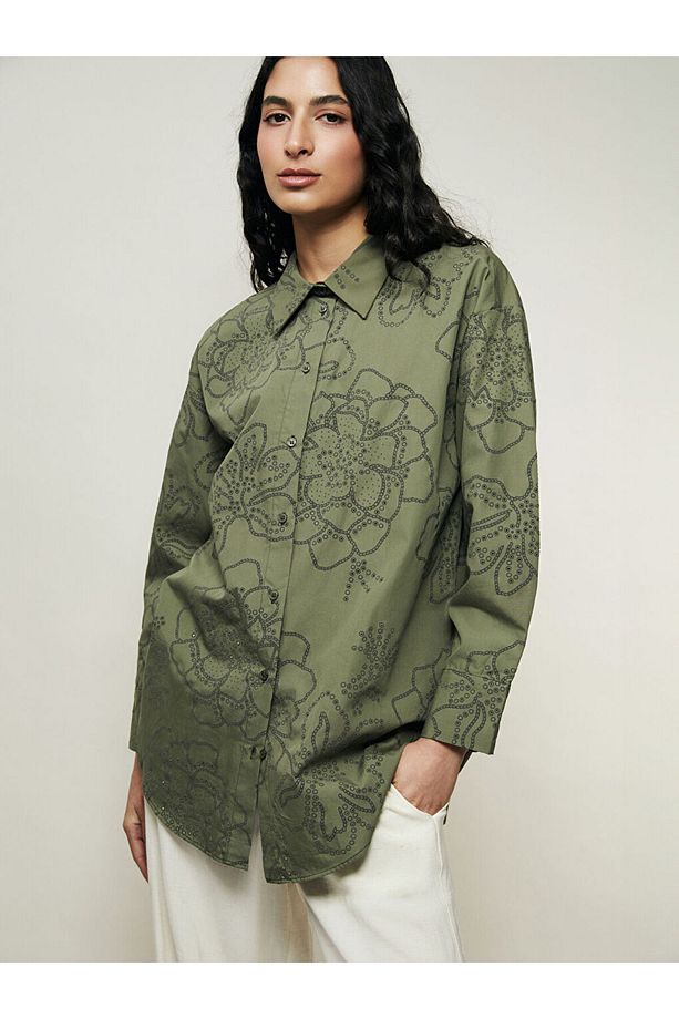 Çiçekli Oversize Poplin Kadın Gömlek Tunik - 4