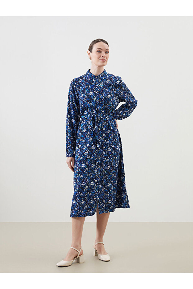 Navy Blue Patterned Linen Blend Women's Shirt Dress