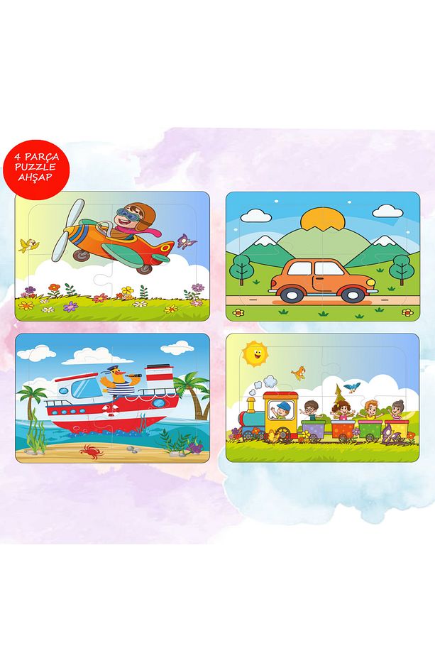 4 adet 16 parça ahşap eğlenceli taşıtlar puzzle yapboz - 1