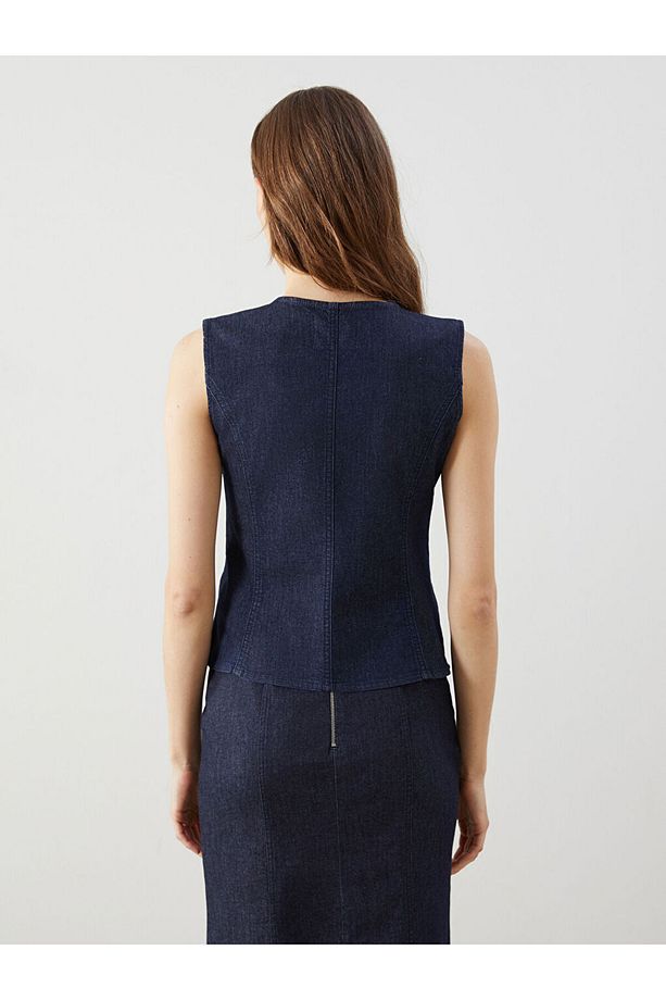 LCW Modest Bisiklet Yaka Kadın Jean Yelek - 5