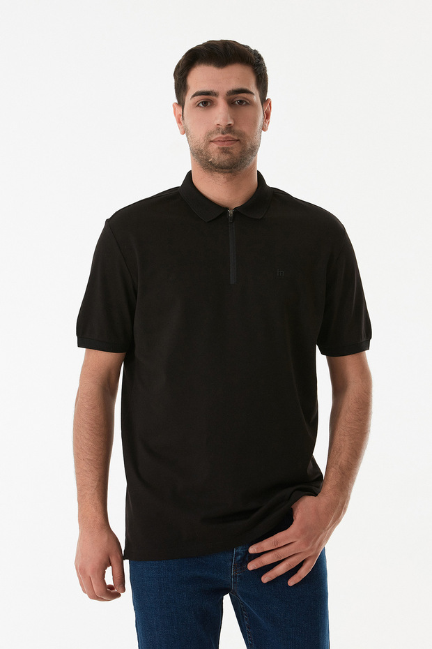 Oxford Fabric Half Zip Polo Neck T-Shirt