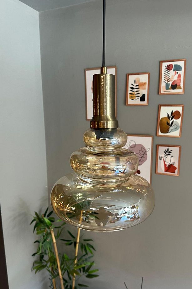 Lily Cam Bal Rengi Tekli Avize Eskitme Fener Başlık Retro Sarkıt Lamba Restoran Salon Aydınlatma - 1