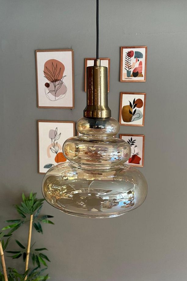 Lily Cam Bal Rengi Tekli Avize Eskitme Fener Başlık Retro Sarkıt Lamba Restoran Salon Aydınlatma - 5