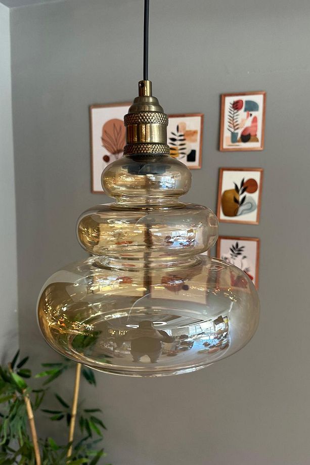 Lily Cam Bal Rengi Tekli Avize Eskitme Lale Başlık Retro Sarkıt Lamba Restoran Salon Aydınlatma - 4