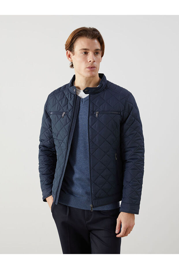 Navy Blue Standard Fit Biker Collar Quilted Men's Coat