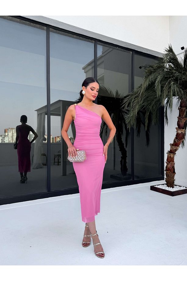Pembe Tek Kol Transparan Elbise - 2