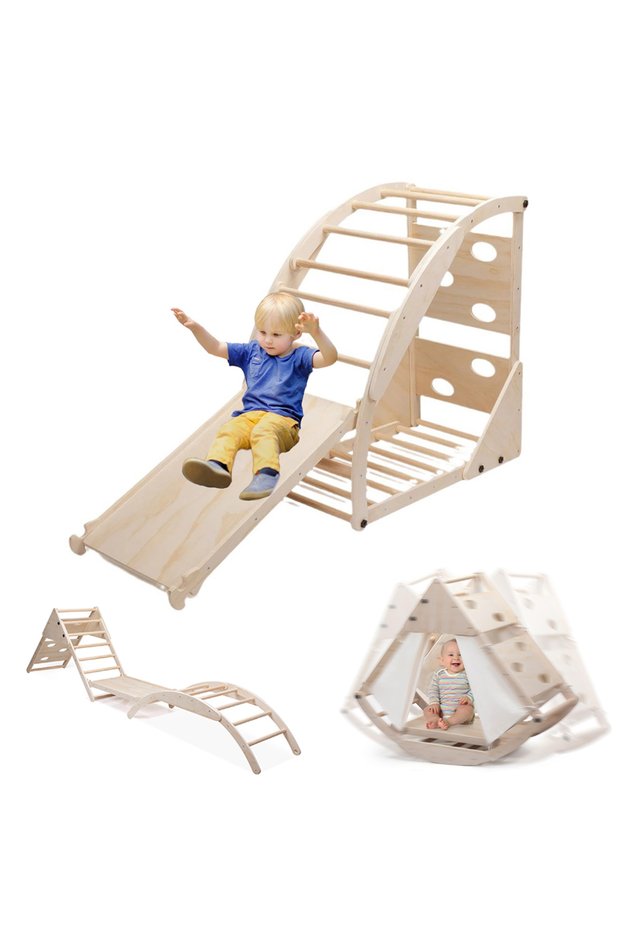 8 in 1 Pikler Triangle Set with Slide Arch Climber Rocker, Montessori Kids Climbing Toys 0459