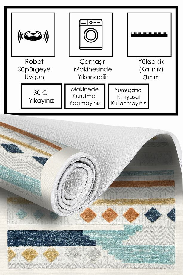 Makinede Yıkanabilir Kaymaz Taban Leke Tutmaz Dijital Baskı Mutfak Halısı - 5