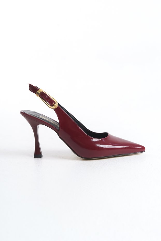 Women's Ankle Strap Wide Metal Buckle Detailed Burgundy Patent Leather Stiletto