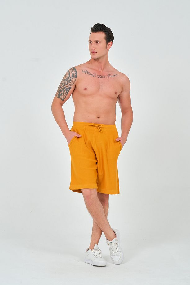 Unisex Relaxed Fit Hardal Sarısı Triko Örme Şort - 8