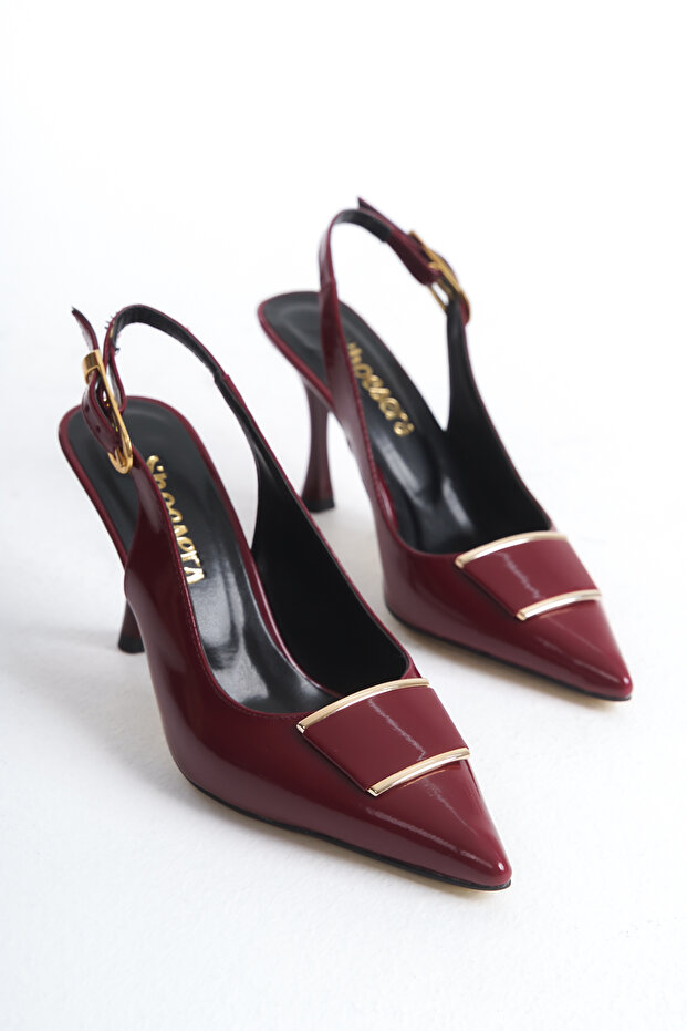 Women's Special Design Ankle Strap Metal Buckle Claret Red Patent Leather Stiletto