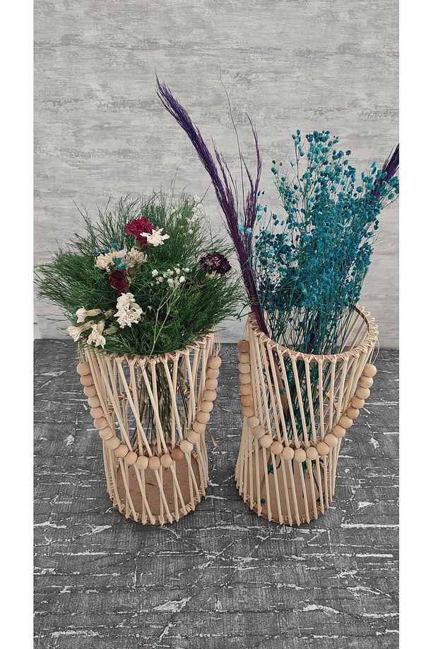 Bambu Çubuklu Ahşap Boncuklu Pampas Vazo 2 li Set - 4