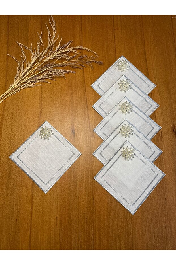 6 Pieces Linen Silver Color Double Row Embroidery Embroidered Square Cocktail Presentation Napkin with Pearls