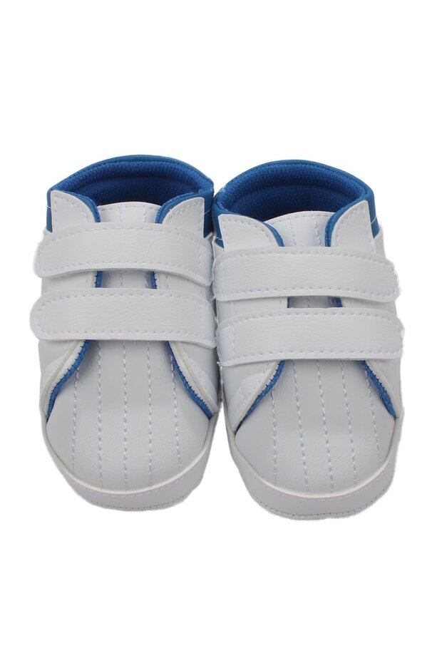 Baby Boy White Leather Shoes with Blue Velcro on the Back and Stitched Front