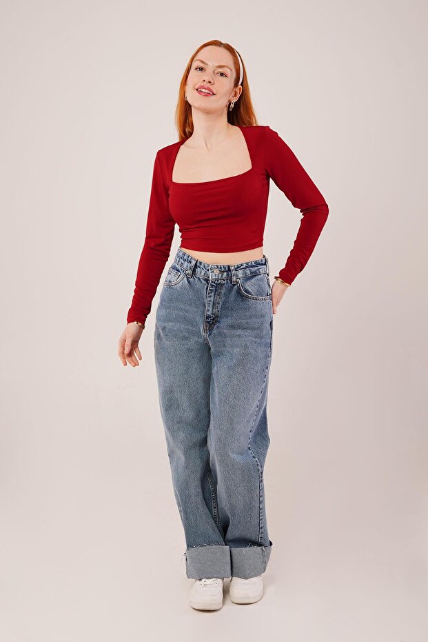 Square Collar Basic Burgundy Blouse - 3