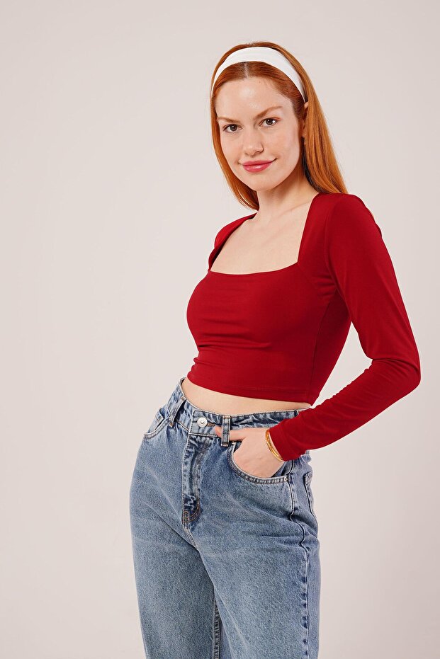 Square Collar Basic Burgundy Blouse - 4