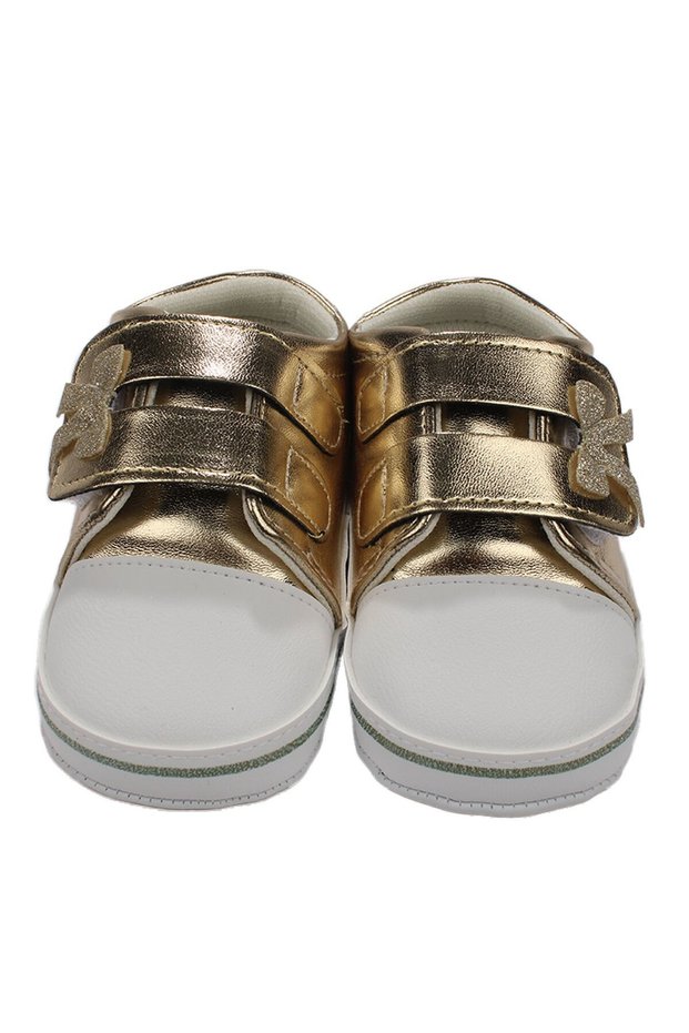 Baby Girl Metallic Yellow Gold Glitter Bow Velcro Leather Shoes