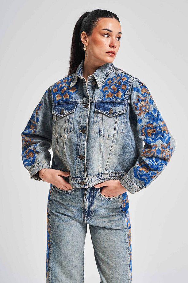 Kadın T.Kot Rengi 4S5-32 Nakış Detaylı %100 Koton Tasarım Denim Ceket - 3