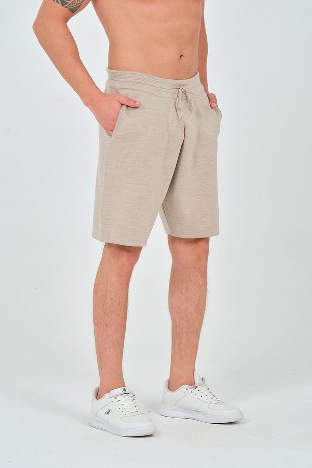 Unisex Relaxed Fit Esnek Tok Kumaş Koyu Bej Triko Örme Şort - 1
