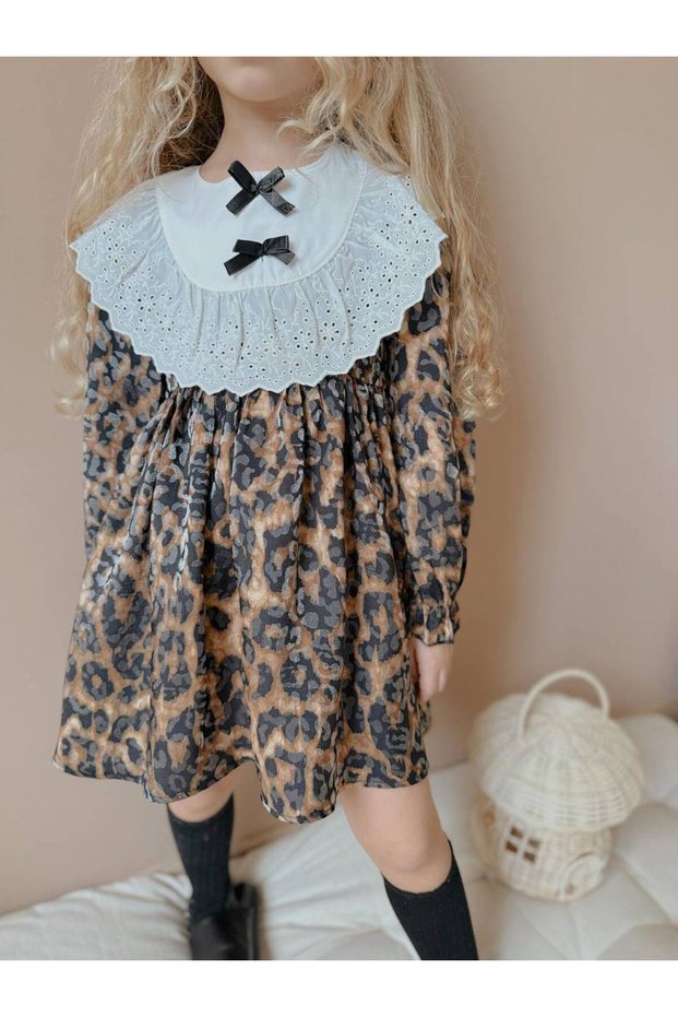 Girl's Lace Collar Leopard Stylish Dress Cotton Woven Fabric Full Fit Eid
