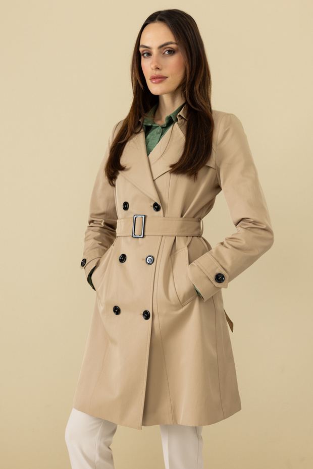 -Two-Breasted Collar Buttoned Trench Coat - 1