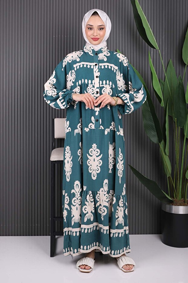 فستان فيسكون منقوش بنصف زر باللون الأخضر الزمردي - 1