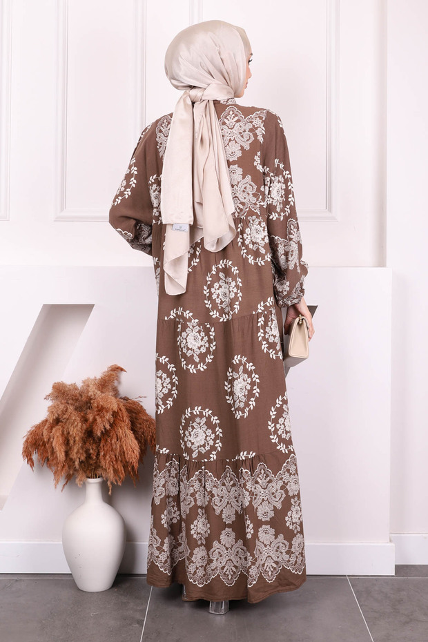 فستان فيسكون بنصف زر منقوش باللون البني - 4