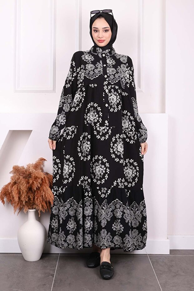 Black Patterned Half Button Viscon Dress - 1