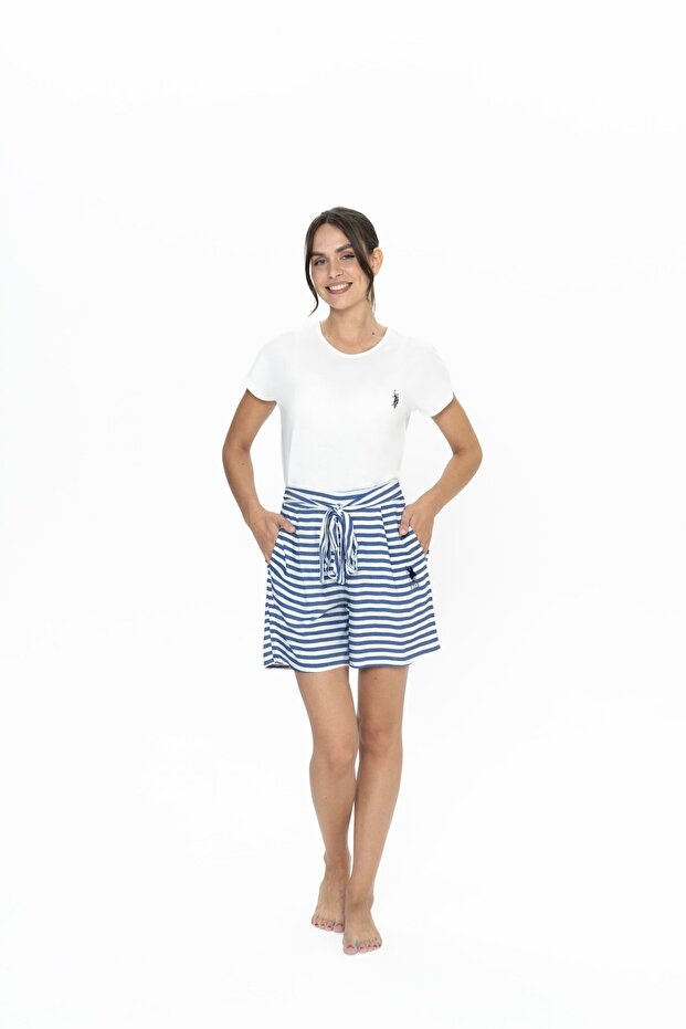 20034 Women's Ecru Short Sleeve Round Neck Belted Shorts Set