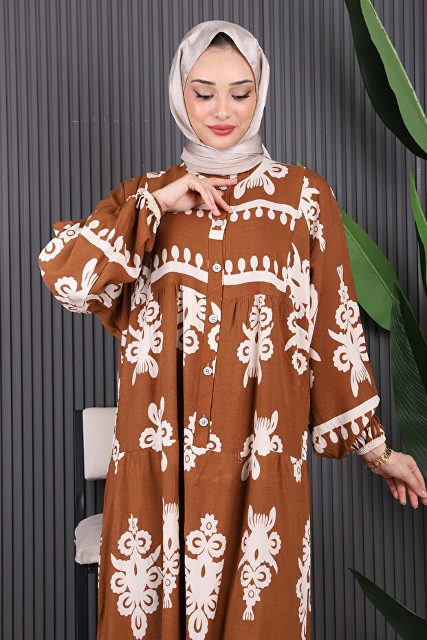 فستان فيسكون بنصف زر منقوش باللون البني - 3