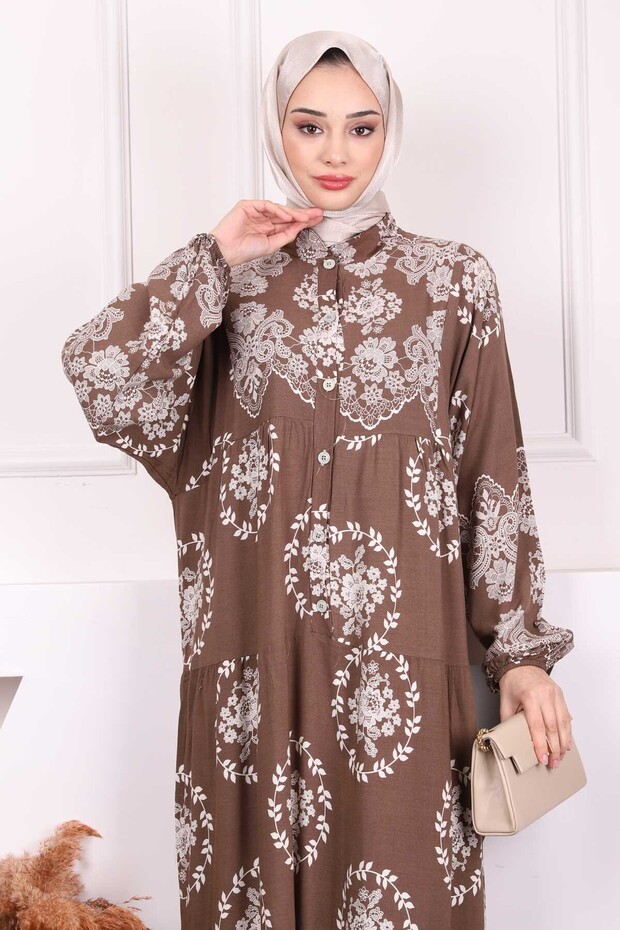 فستان فيسكون بنصف زر منقوش باللون البني - 3