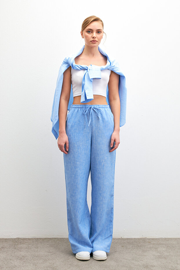 Women's Blue Linen Blended Loose Cut Trousers