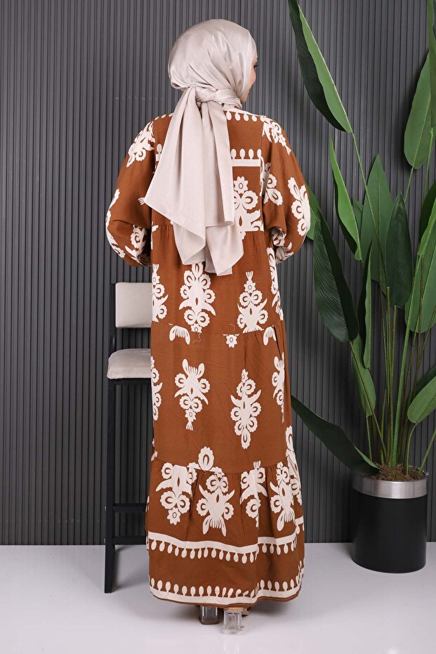 فستان فيسكون بنصف زر منقوش باللون البني - 4
