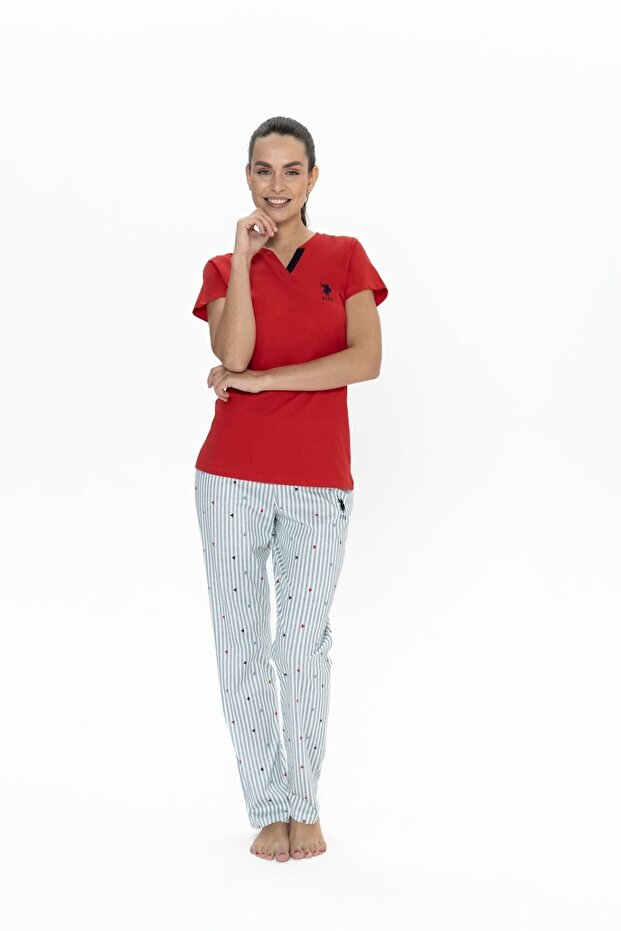 U.S. Polo Assn. 20060 Women's Short Sleeve V-Neck Pajamas Set-Red
