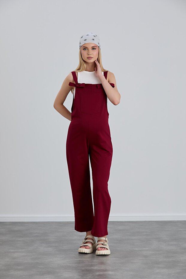 IŞIL 4493-Binding Strap Non-Knee Combed Cotton Pregnant Gardener-Jumpsuit