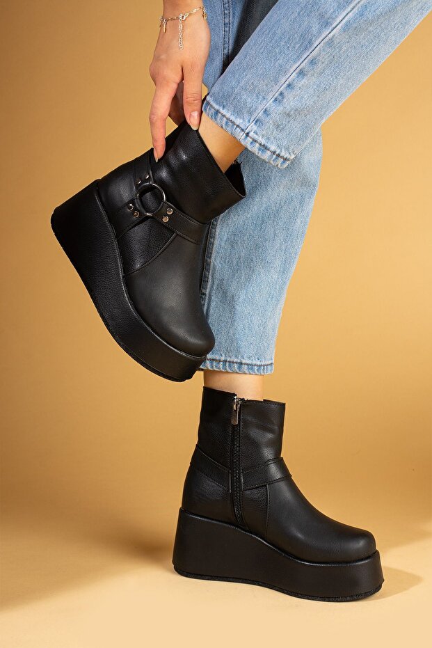 Kadın Siyah Platform Yüksek Doldu Taban Siyah Tarz Bot - 2