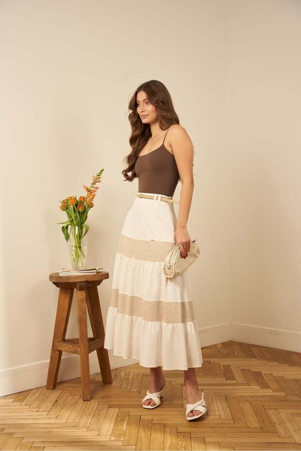 Bej Bloklu Maxi Etek - 7