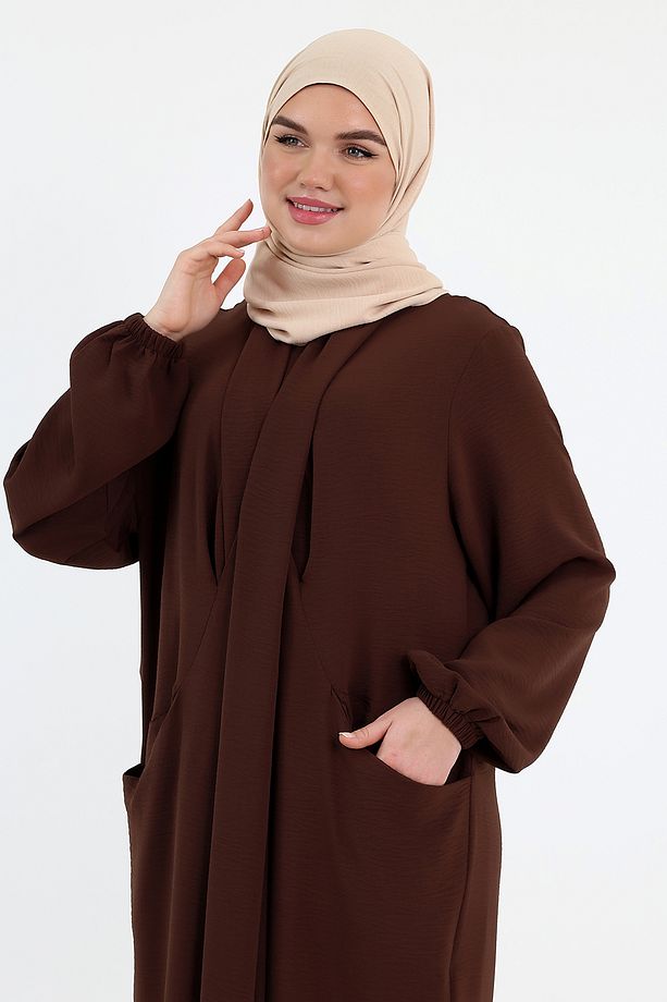 Çift Cepli Casual Bihter Çapraz Elbise Acı Kahve - 7