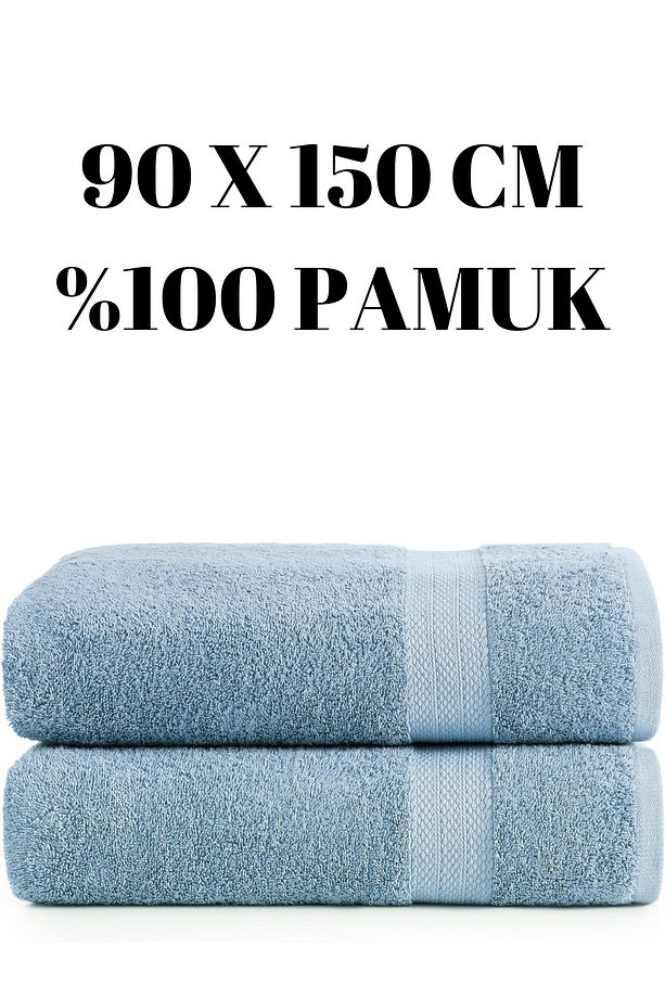 Mavi Iki Adet Büyük Banyo Havlusu %100 Pamuk Yumuşak Duş Vücut Havlu Çizgi Desenli 90 X 150 Cm - 1