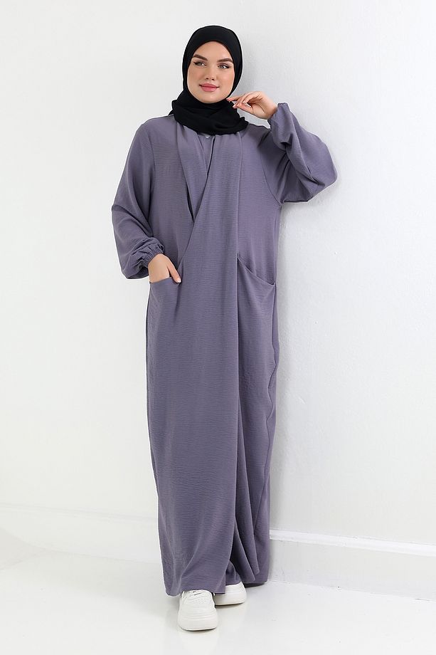 Çift Cepli Casual Bihter Çapraz Elbise Gri - 7