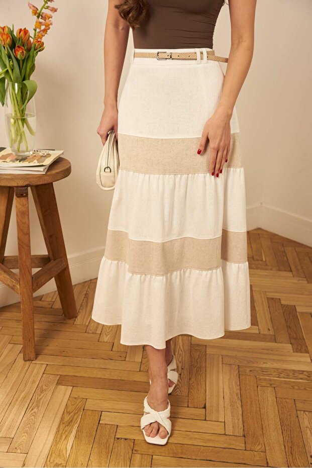 Bej Bloklu Maxi Etek - 3