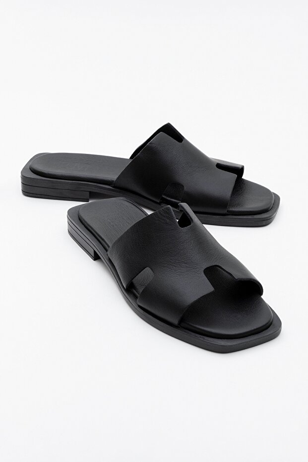 Jez Black Skin Genuine Leather Women's Slippers