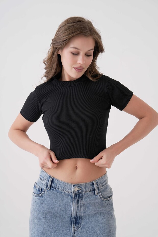 Ribbed Knitted Short Sleeve Crew Neck Crop