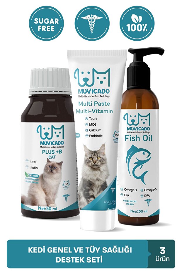 muvicado Kedi Vitamin Desteği (Multivitaminli Kedi Damlası & Kedi Malt Macun Omega-3 ve Omega-6 Balık Yağı)