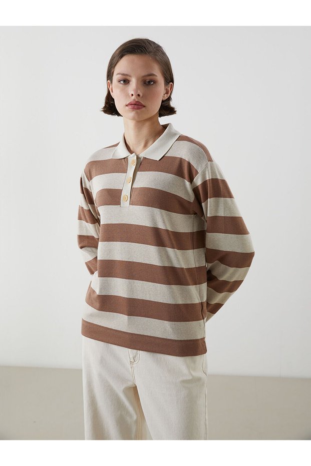 Lcwaikiki Classic Brown Polo Neck Striped Women's T-Shirt