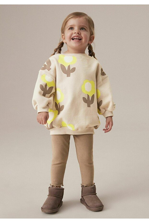 Girl's Floral Patterned Cotton Sweatshirt Striped Leggings Bottom-Top Set