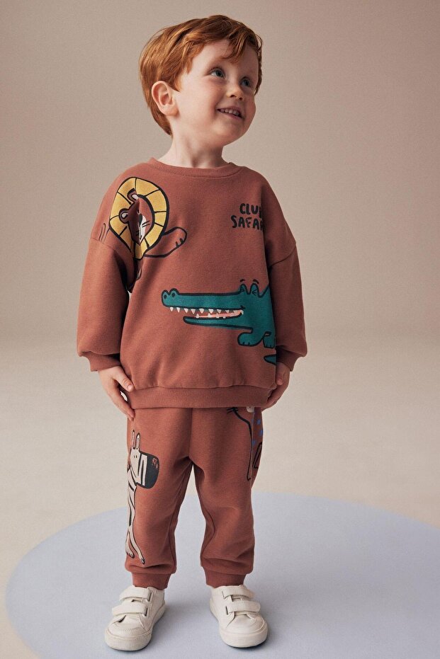 Boy's Brown Animal Patterned Winter 3 Thread Cotton Sweatshirt Tracksuit Top and Bottom Set