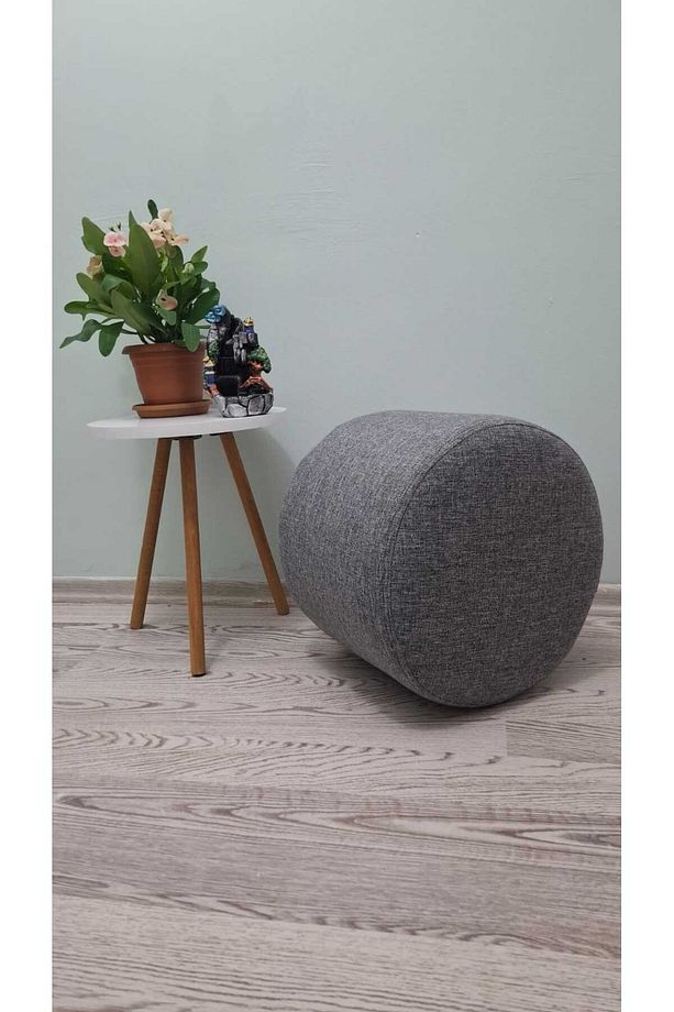 Ahşap Ayaklı Keten Gri Yuvarlak Puf&bench Koltuk/tabure - 4