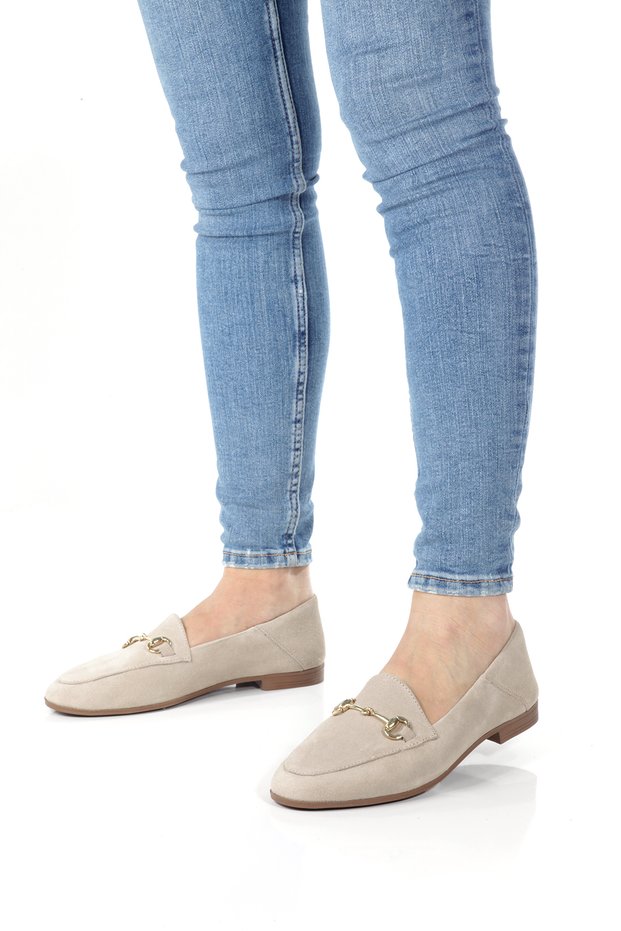 Women's Beige Suede Genuine Leather Round Toe Buckle Daily Ballerinas Un001-043