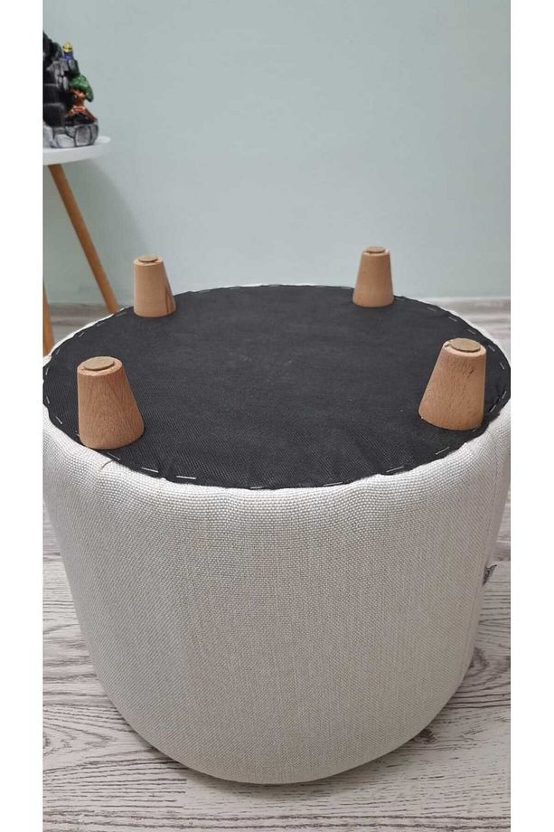 Ahşap Ayaklı Keten Krem Kumaş Yuvarlak Puf&bench Koltuk/tabure - 6